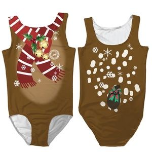 Mt. Logan Reindeer Print Stretchy Low Back Christmas Print Girls Leotard